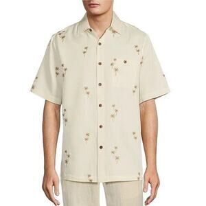 Caribbean Cream Gold Embroidered Palm Tree Short Sleeve Woven Shirt XXL